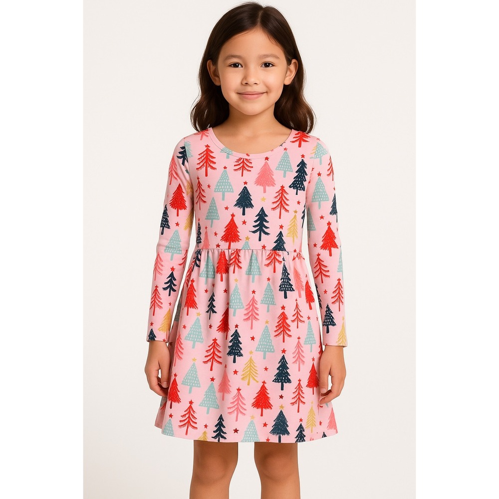 Hanna Andersson Pink Christmas Tree Twirl Dress Kids 10 Long Sleeve Holiday